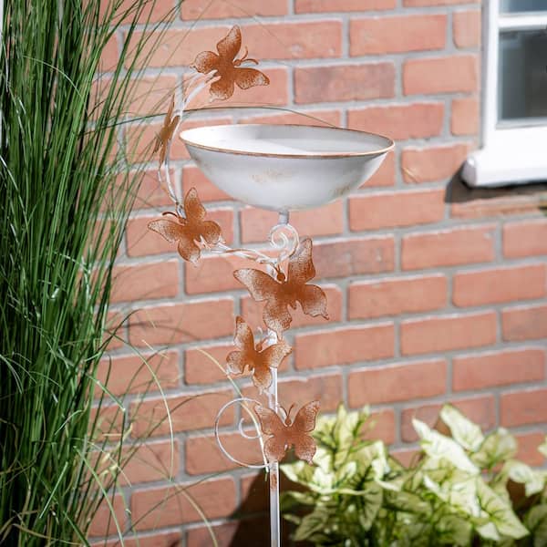 Evergreen 42 in. Orange Metal Staked Butterfly Bird Bath with Garden Stake