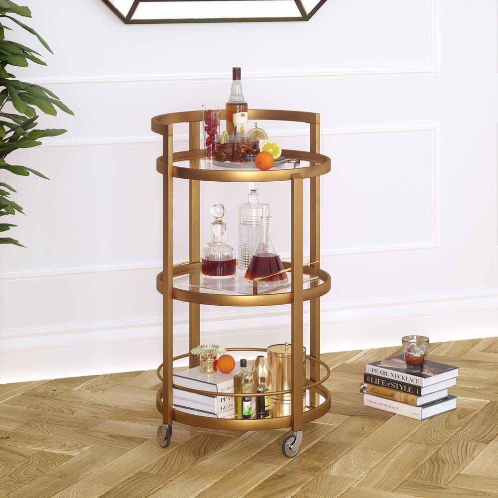 Hause 21" Round Brass and Glass Bar Cart with Storage