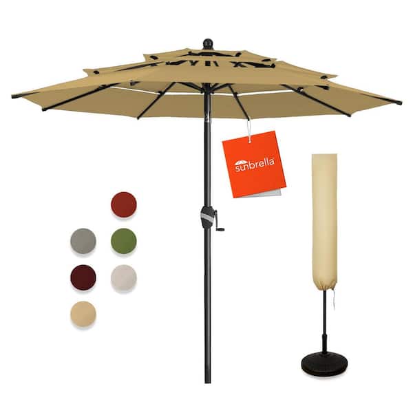 PASAMIC 9 ft. 3 Tiers Aluminum Market Umbrella Outdoor Patio Umbrella with Tilt Crank and Cover in Wheat Beige Sunbrella