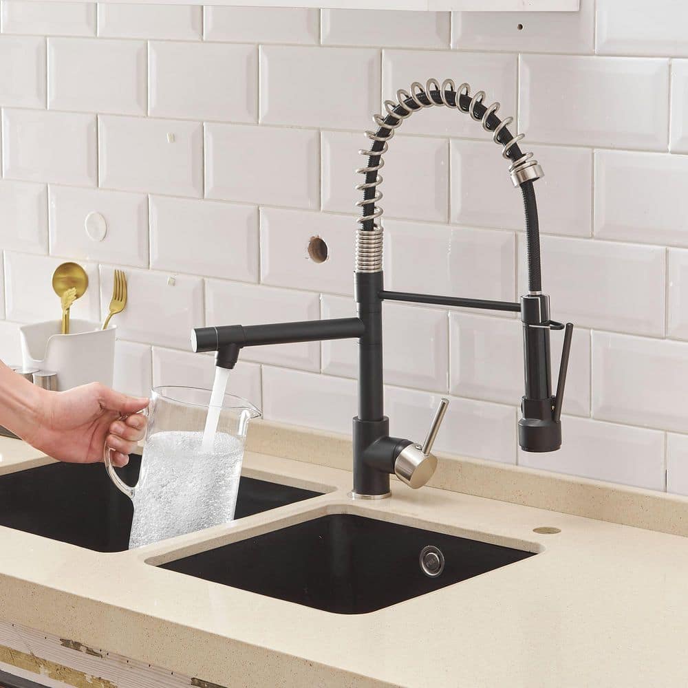 Brushed Nickel and Matte Black High-Arc Kitchen Faucet with Pull-out Spray