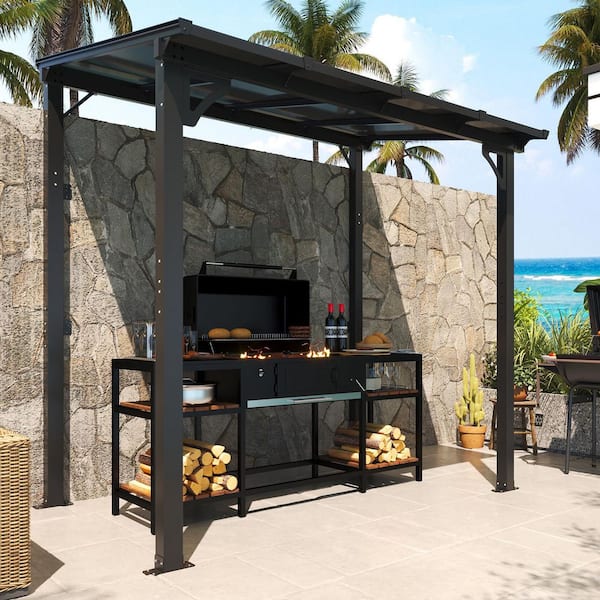 5 ft. x 8 ft. Outdoor Lean to Black Hardtop Gazebo with Aluminum Frame for Outdoor Pergola, Patio Cover