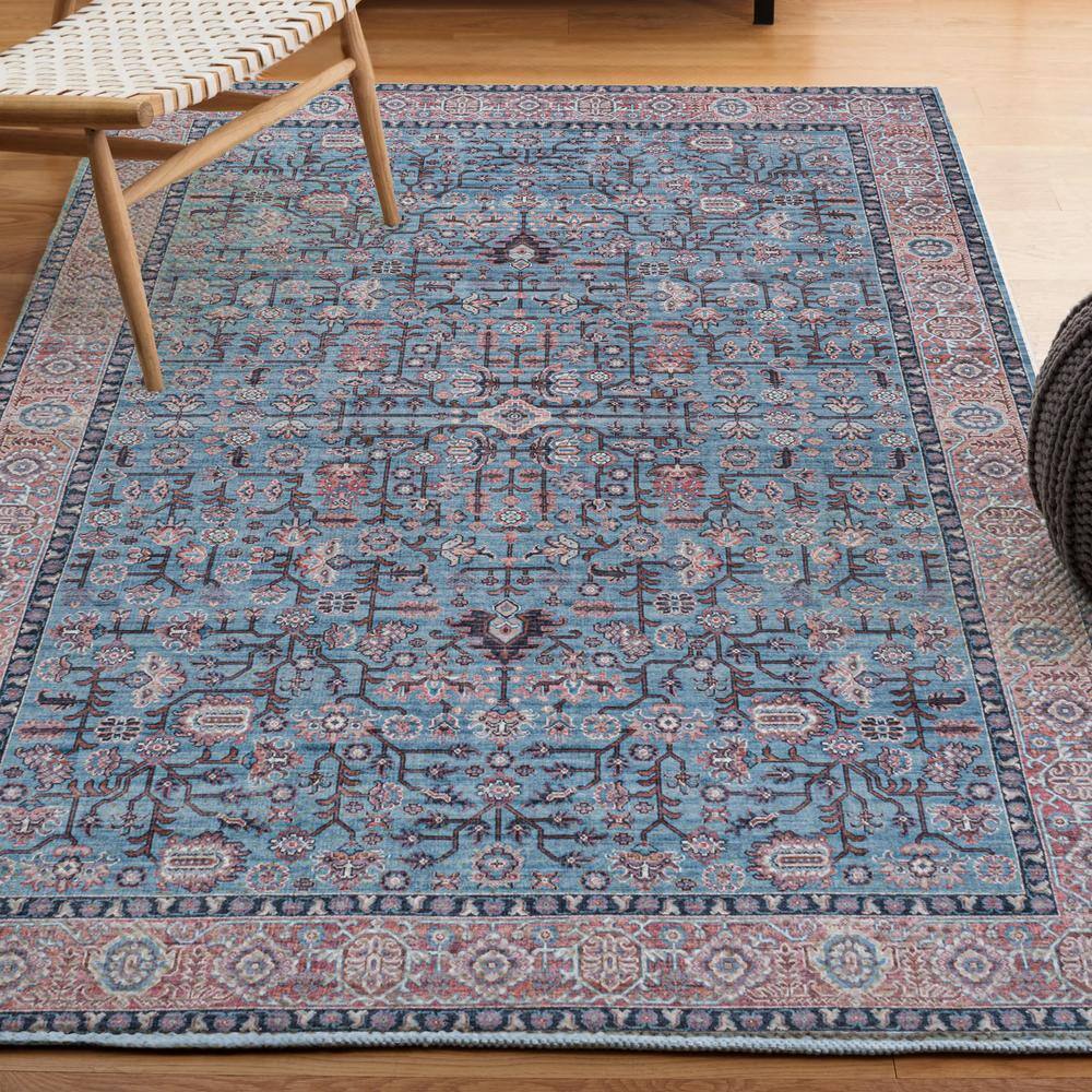Persian-Inspired Blue and Red Chenille Washable Area Rug