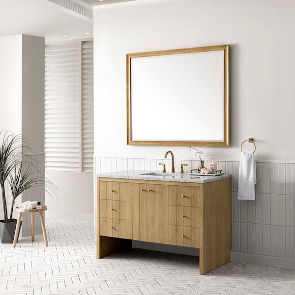 James Martin Vanities Hudson 48.0 in. W x 23.5 in. D x 34.2 in . H Bathroom Vanity in Light Oak with Arctic Fall Solid Surface Top