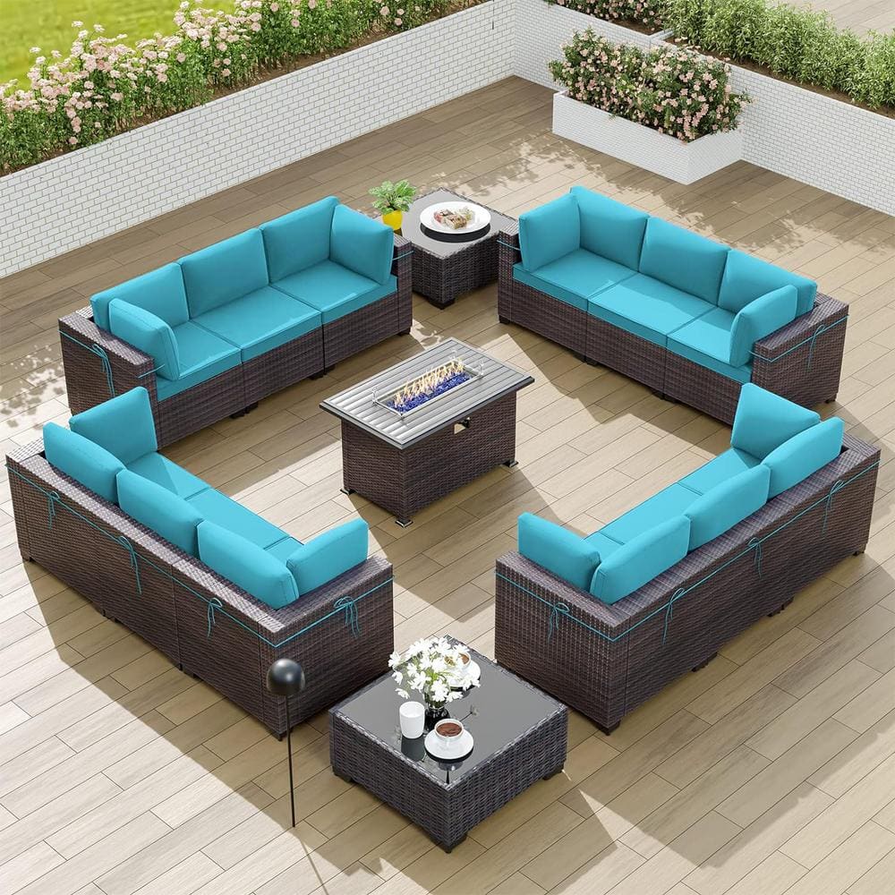 Halmuz 15Piece Wicker Patio Conversation Set with 55000 BTU Gas Fire