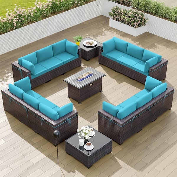 Halmuz 15-Piece Wicker Patio Conversation Set with 55000 BTU Gas Fire Pit Table and Glass Coffee Table and Blue Cushions
