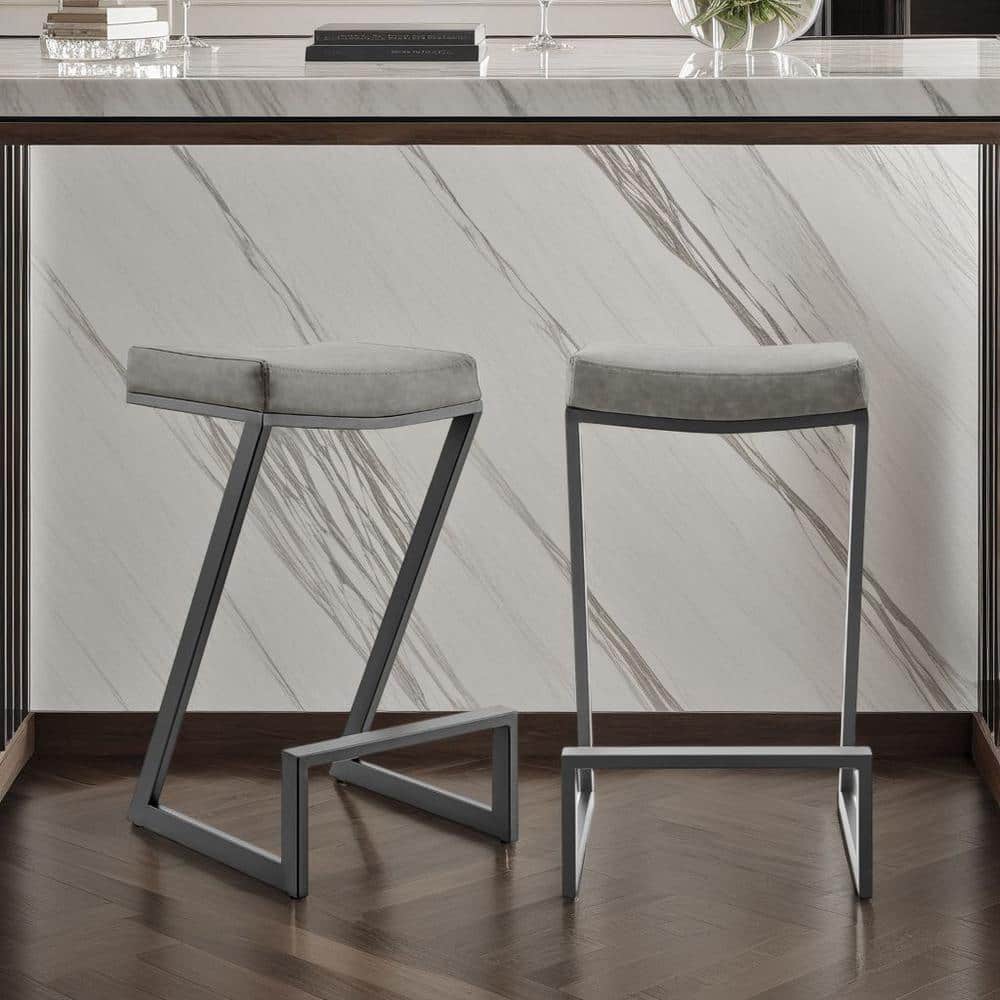 Atlantis 26 in. Vintage Gray Metal Counter Stool with Faux Leather Seat