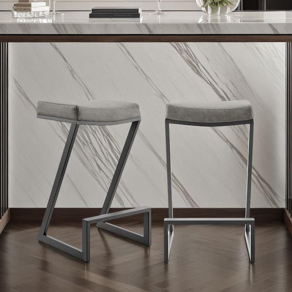 Armen Living Atlantis 26 in. Vintage Gray Metal Counter Stool with Faux Leather Seat