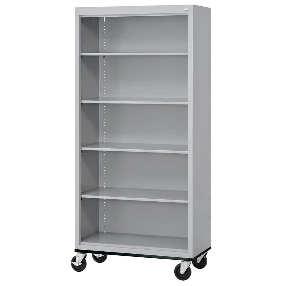 Dove Gray Adjustable Steel Mobile Bookcase with Shelves