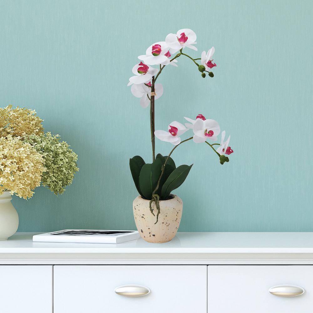White and Pink Realistic Faux Orchid in Stone Pot, 22-Inch