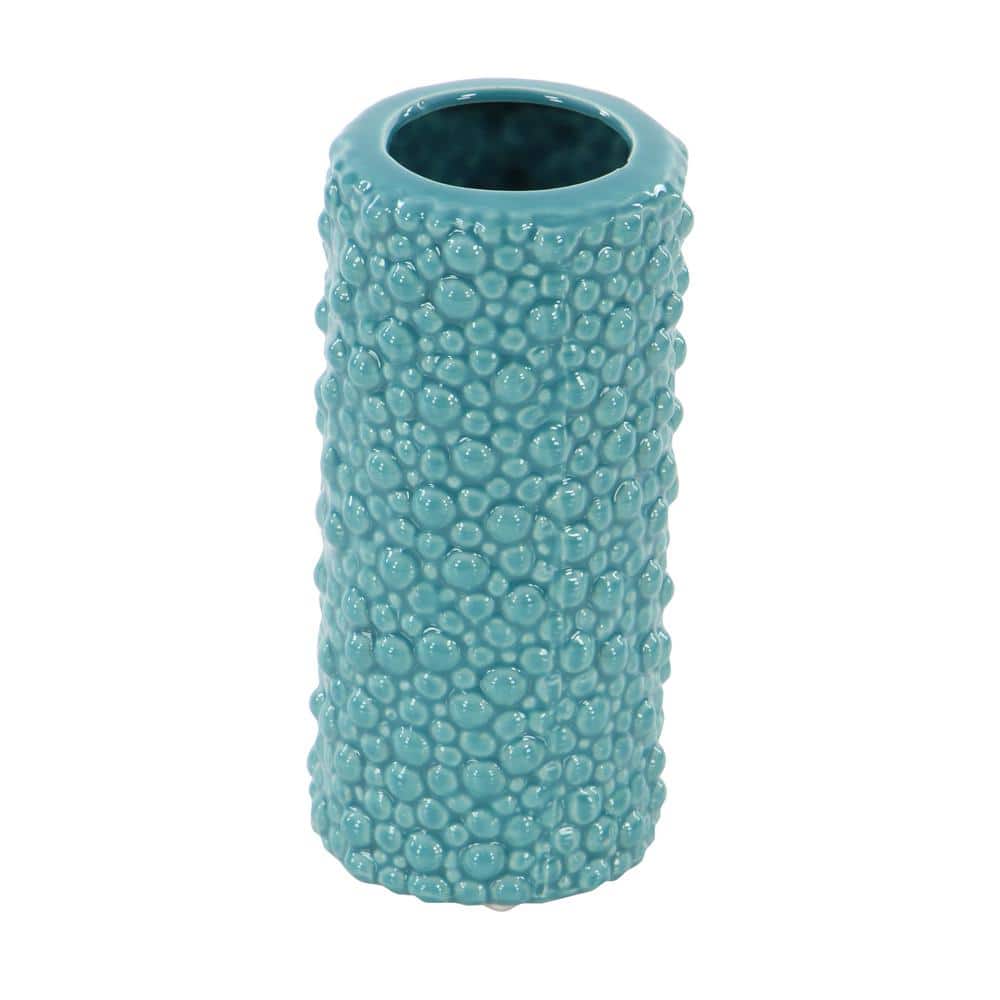 Modern Blue Ceramic Trio Vase Set with Textured Embellishments