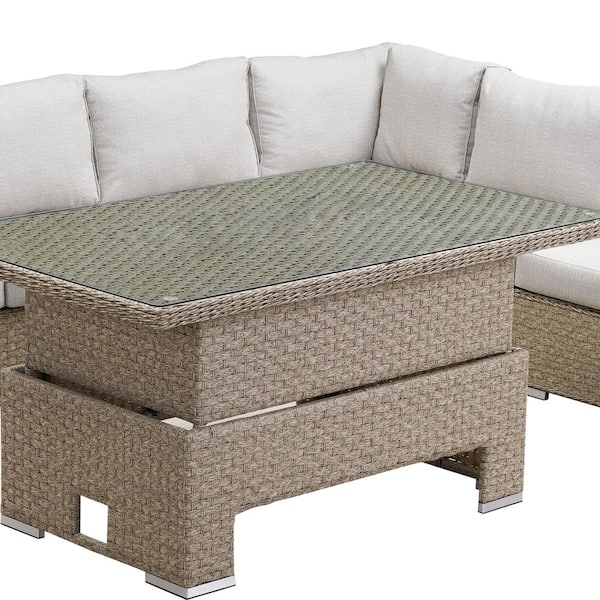 SUNVIVI 8-Person Outdoor Wicker Seating Group with Lift Top Table and Light Grey Cushions