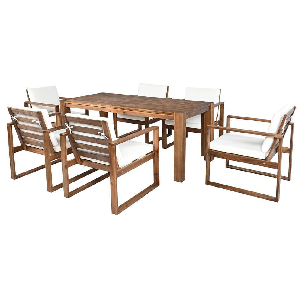 Orvin Patio 7 Piece Mocha Finished Wood Rectangle Outdoor Dining Set with Beige Cushions and Umbrella Hole price history on PriceWatchPro