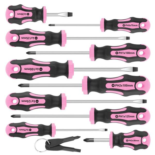 NVNOO 9.9 in. x 3.4 in. Pink Magnetic Screwdrivers Set, with 5-Phillips and 5-Slotted Tips for Assembly and Repair (10-Pack)