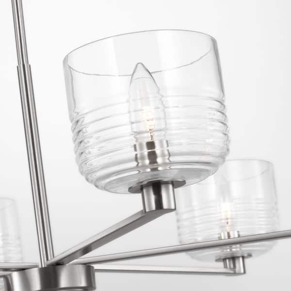 Generation Lighting - Lochdale 33.88 in. W x 10.25 in. H 6-Light Brushed Nickel Modern Chandelier with Clear Ribbed Glass Shades