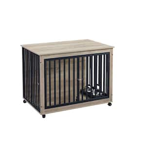 Anky Furniture Style Dog Crate Side Table With Feeding Bowl, Wheels, Three Doors, Flip-Up Top Opening in Gray