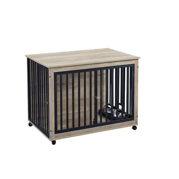 Miscool Anky Furniture Style Dog Crate Side Table With Feeding Bowl, Wheels, Three Doors, Flip-Up Top Opening in Gray