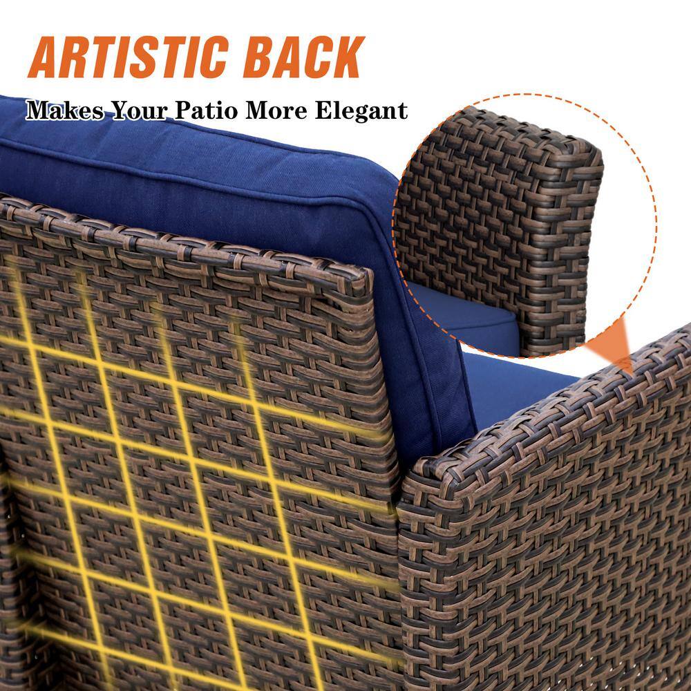 Powder Coated Black Steel Two-Seater Wicker Loveseat with Blue Cushions