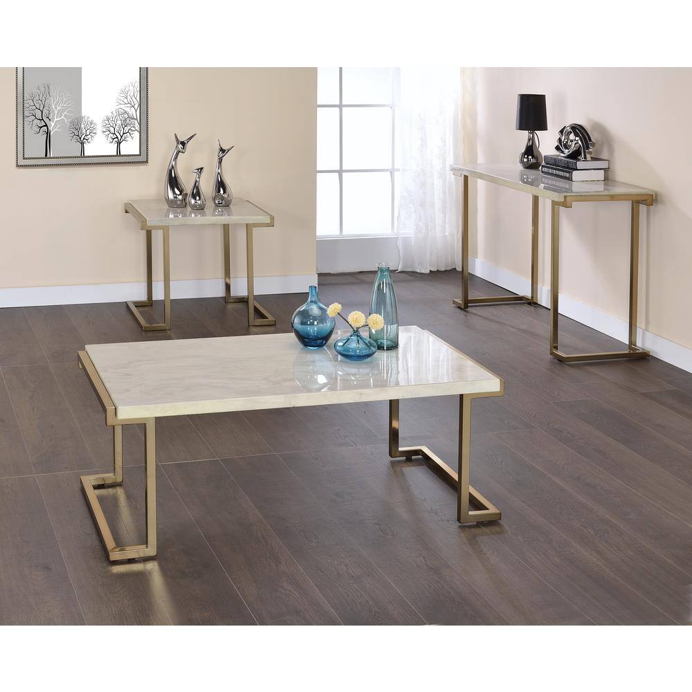 Contemporary Rectangular Lift-Top Coffee Table in Beige Faux Marble & Champagne