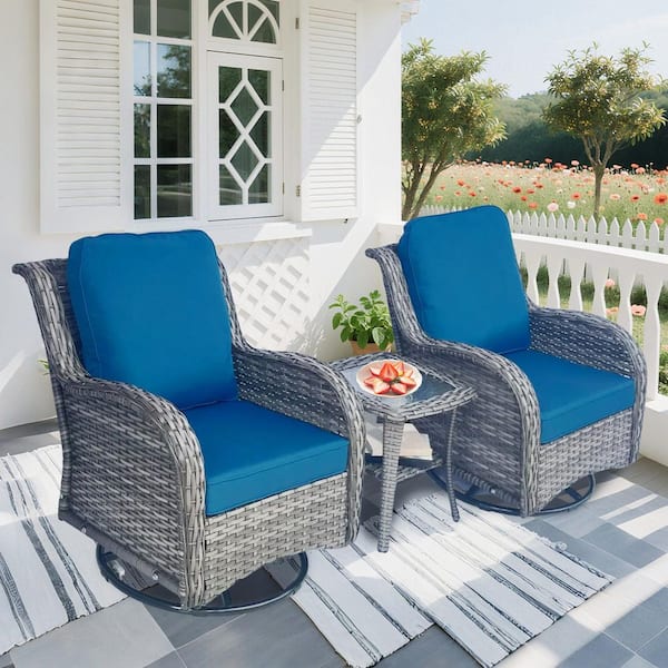 3-Piece Wicker Patio Conversation Set with Blue Cushions (2 Chairs and 1 Side Table)