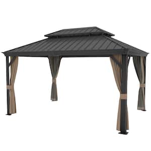 10 ft. x 14 ft. Hardtop Gazebo with Aluminum Frame, Double Galvanized Steel Roof, Mosquito Netting and Privacy Curtain