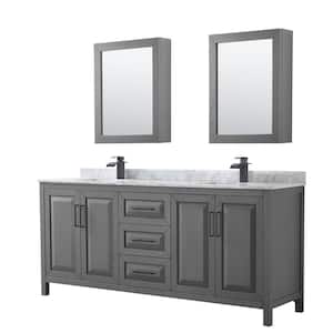 Daria 80 in. W x 22 in. D x 35.75 in. H Double Bath Vanity in Dark Gray with White Carrara Marble Top & Med Cab Mirrors