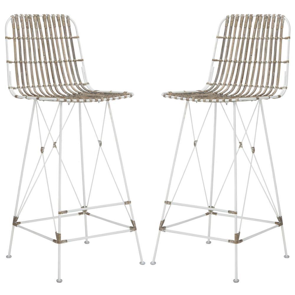 Minerva White Wicker and Metal Bar Stool Set of 2