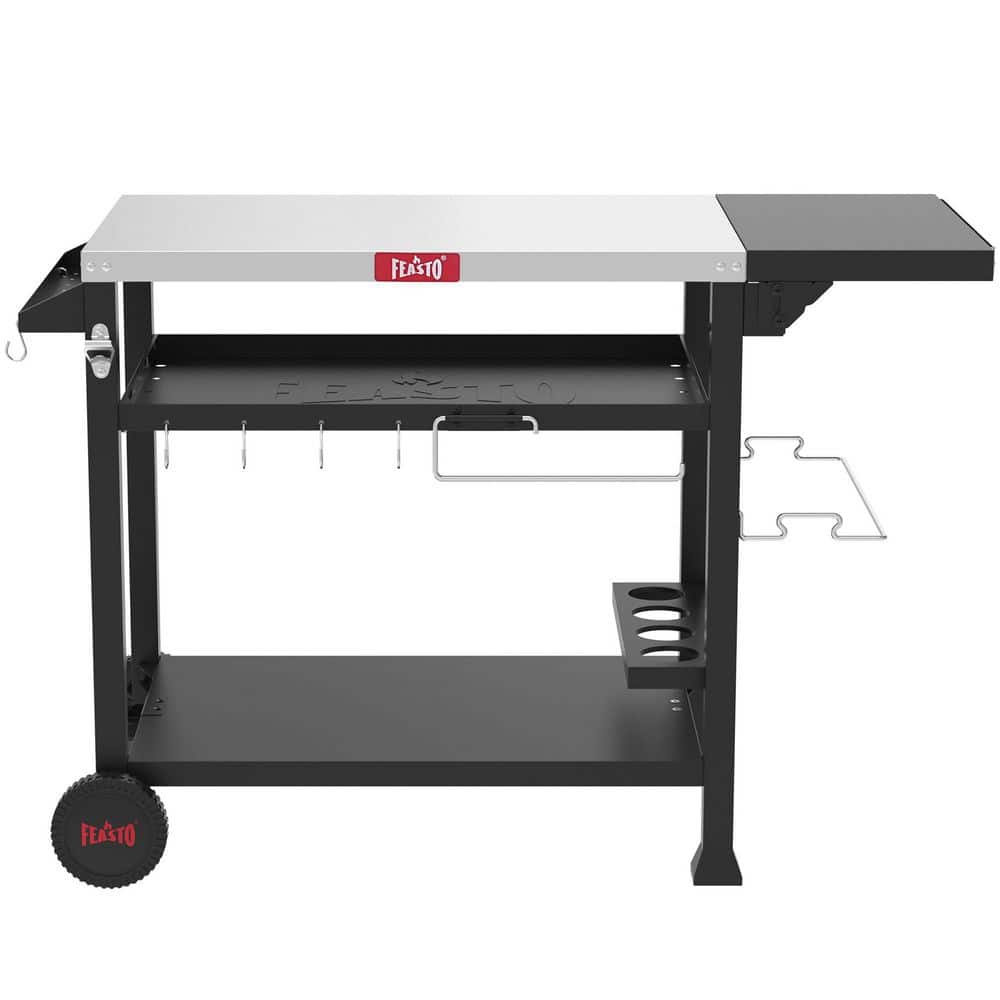FEASTO 3-Shelf Stainless Steel Outdoor Food Prep Grill Cart Table with Foldable Side Table and 2-Wheels
