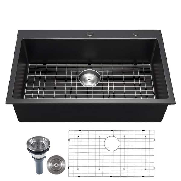16 Gauge Black Quartz 33 in. x 22 in. Drop-In Bar Sink with Drain Set