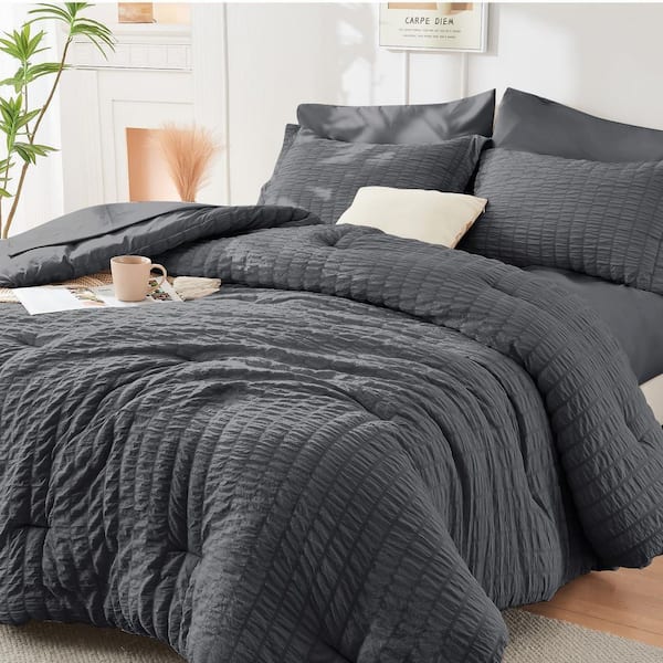 7-Pieces Queen Microfiber Seersucker Comforter Set Bedding Set with Comforters, Sheets, Pillowcases and Shams, Dark Grey
