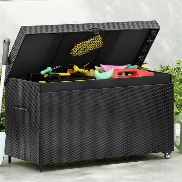 200 Gal. Black All-Weather Rattan Outdoor Storage Bench Deck Box with Lockable Wheels
