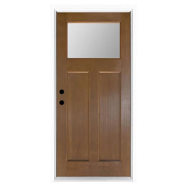 36 in. x 80 in. Right-Hand Inswing Medium Oak Craftsman Frosted Glass Fiberglass Prehung Front Door