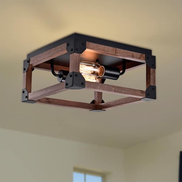 Warehouse of Tiffany Irmana 12 in. 2-Light Indoor Brown and Matte Black Flush Mount with Light Kit