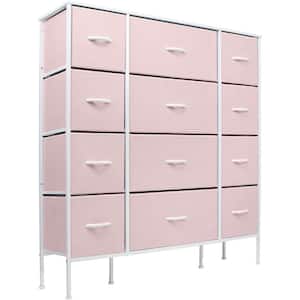 11.75 in. L x 46.5 in. W x 48.7 in. H 12-Drawer Pink Dresser Steel Frame Wood Top Easy Pull Fabric Bins