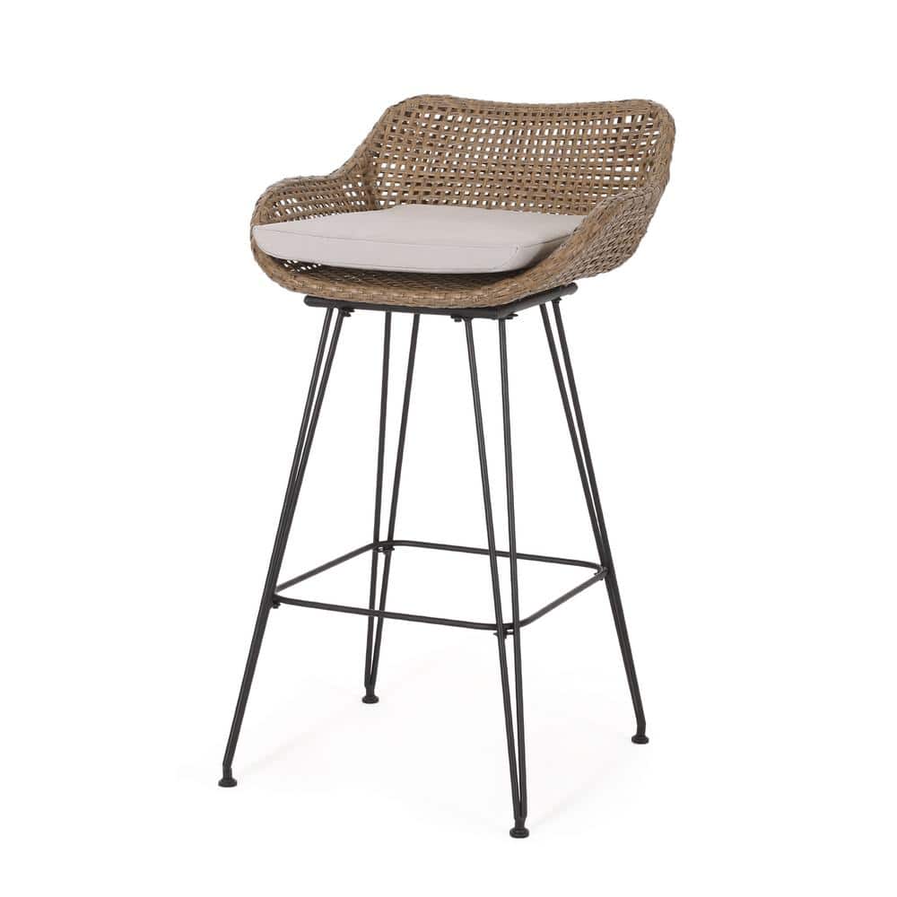 Transitional Light Brown Iron Bar Chair with Beige Cushion, Set of 2