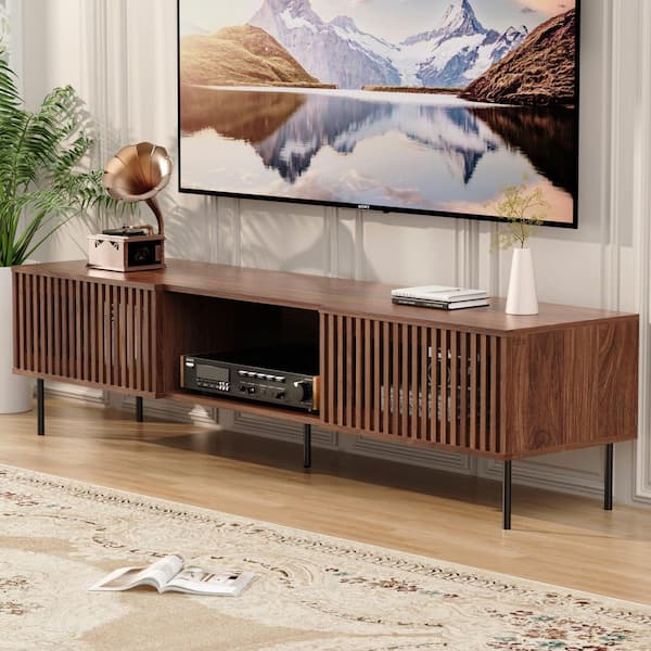 Walnut TV Stand Fits TV's up to 80 in. With 2 Slat Doors and 1 Open Shelf