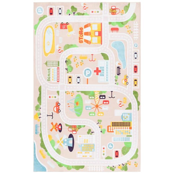 Santa Monica Kids 4 ft. x 6 ft. Beige/Ivory Town Roads Washable Area Rug