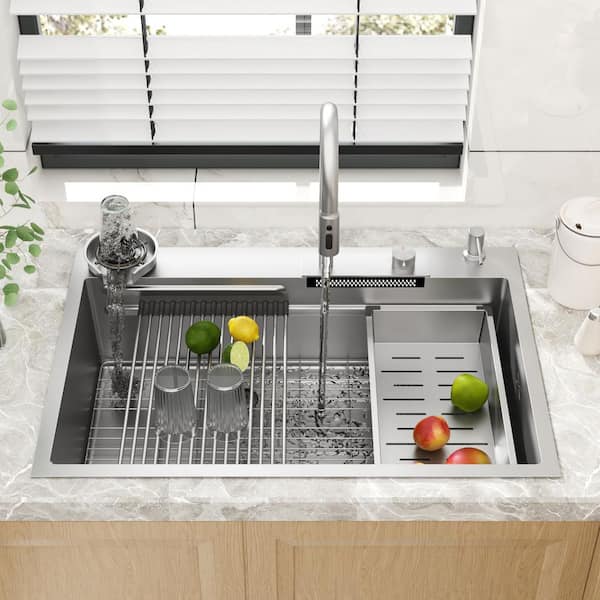 33.2 in. W Drop-In Single Bowl Silver Stainless Steel Kitchen Sink Workstation Set With Waterfall, Pull-Down Faucet