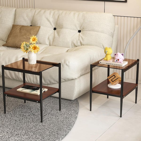Set of 2 19.1 in. Rectangle End Tables Brown Tempered Glass Top, MDF Shelf and Black Metal Legs for Living Room