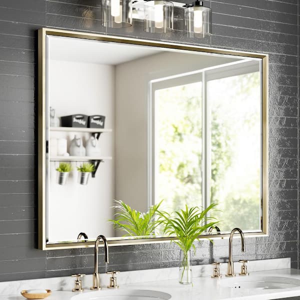 OnaBella 40 in. W x 30 in. H Rectangular Aluminum Thin Framed Wall Mount Beveled Bathroom Vanity Mirror in Gold