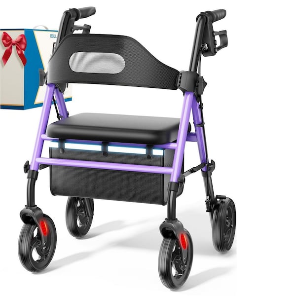 Foldable Rollator Walker w/ Seat, 8 in. Big Wheels, 350 lb. Weight Capacity, Adjustable Handles and Seat Height, Purple