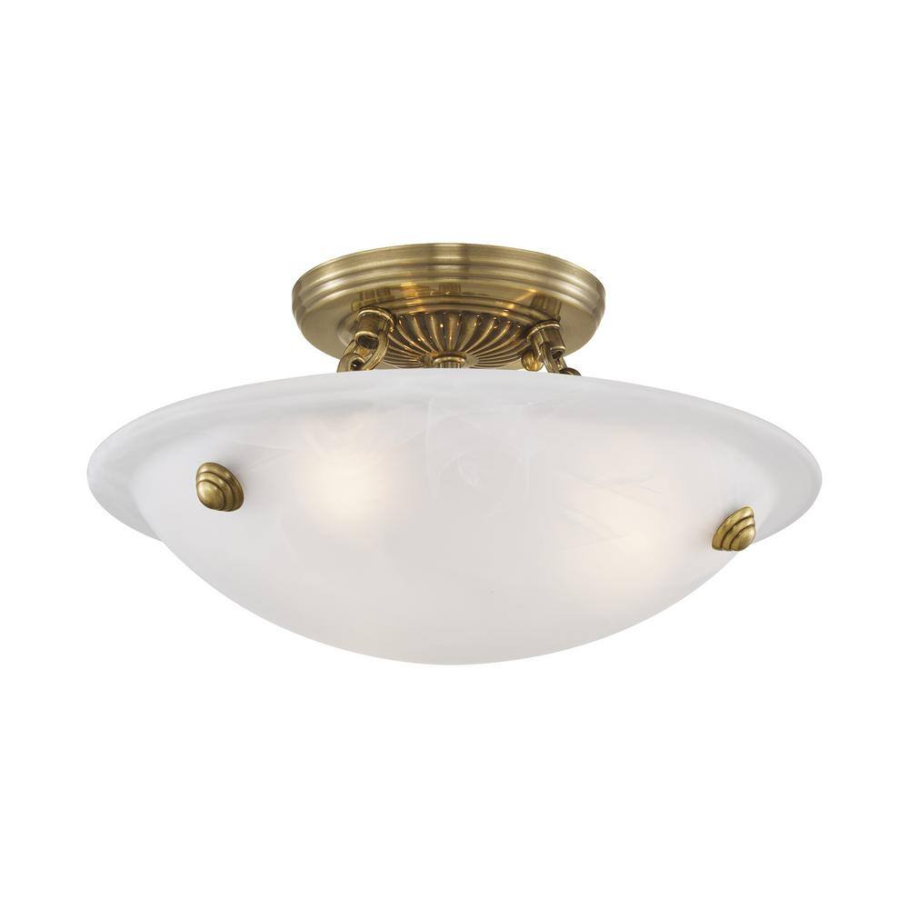 Antique Brass 3-Light Flush Mount with White Alabaster Glass