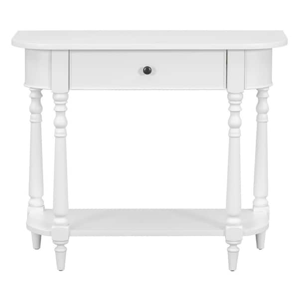 CSC DECOR INC 36 in. White Rectangle Solid Wood Narrow Console Table with Curved Corner Entryway Sofa Table with Top Drawer Open Shelf