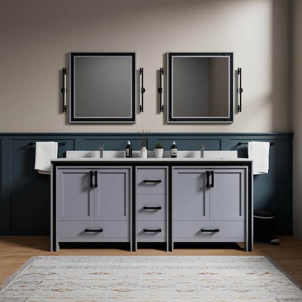 Lexora Ziva 80 in W x 22 in D Dark Grey Double Bath Vanity, White Quartz Top and 30 in Mirrors