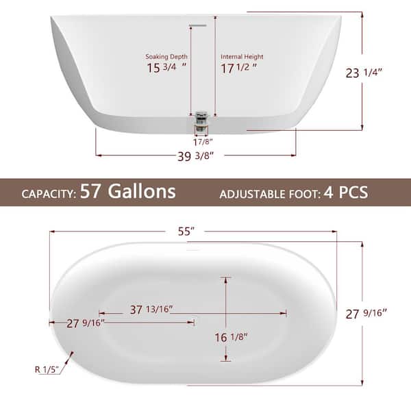 55 in. x 27.5 in. Acrylic Free Standing Tub Freestanding Soaking Bathtub with Pop-up Drain Alone Soaker Tubs in White