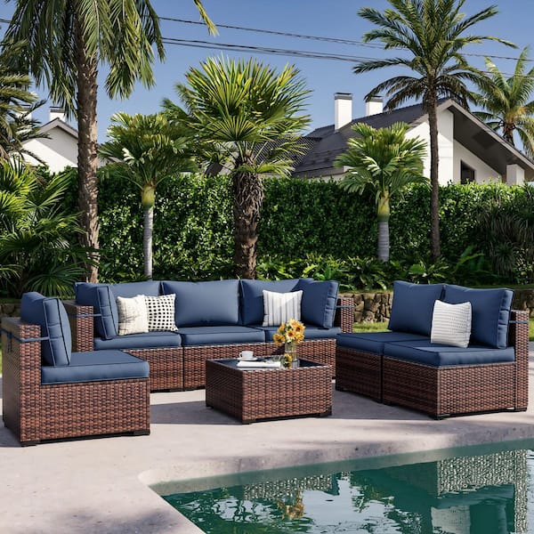 7-Piece Wicker Patio Conversation Sectional Seating Set with Navy Blue Cushions