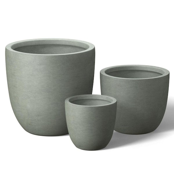 10 in., 14 in., 18 in. Sage Gray (Enhanced Core) Concrete Round Planter / Pot with Drainage Holes (Set of 3)