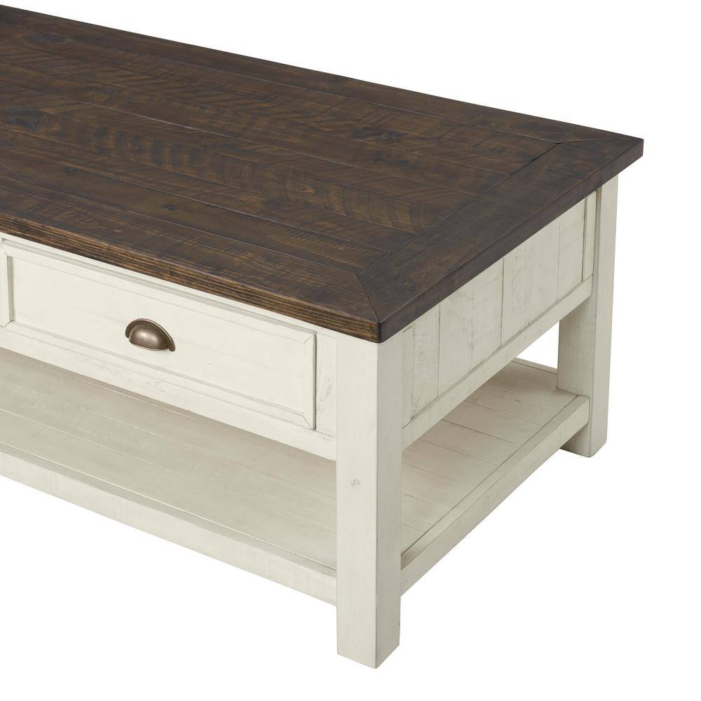 Monterey 50" Cream White and Brown Pine Coffee Table with Storage