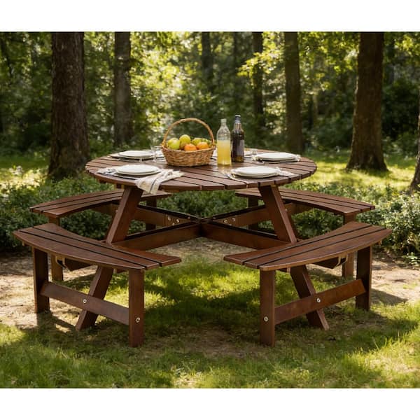70 in. Brown Round Wood Picnic Tables Seat 8-People with Umbrella
