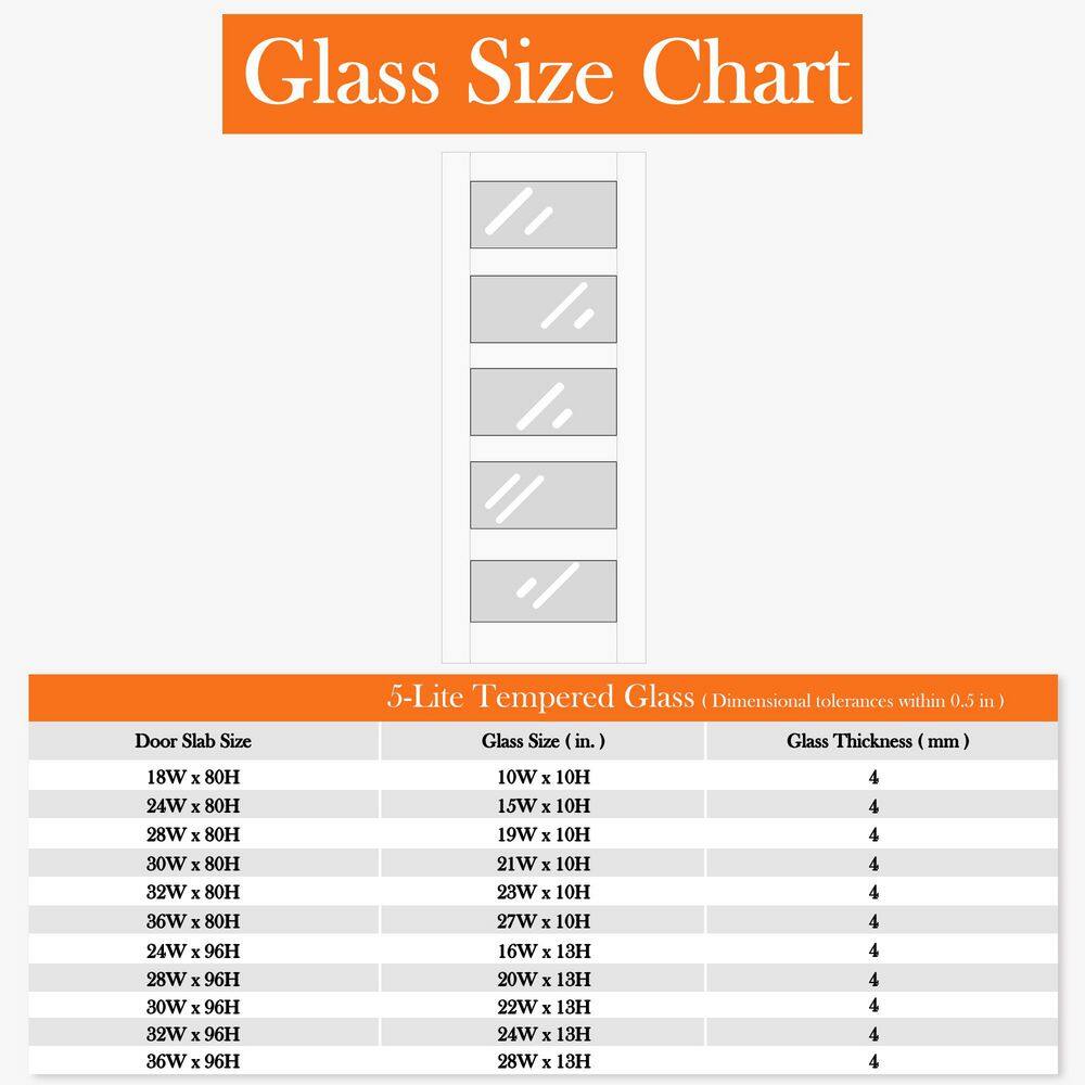 32" x 80" White Primed MDF 5-Lite Frosted Glass Interior Door Slab