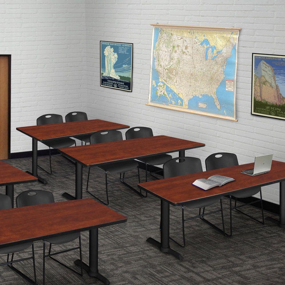 Cain 66 in x 24 in. Cherry T-Base Training Seminar Table Desk and 2 Zeng Stack Chairs-Black